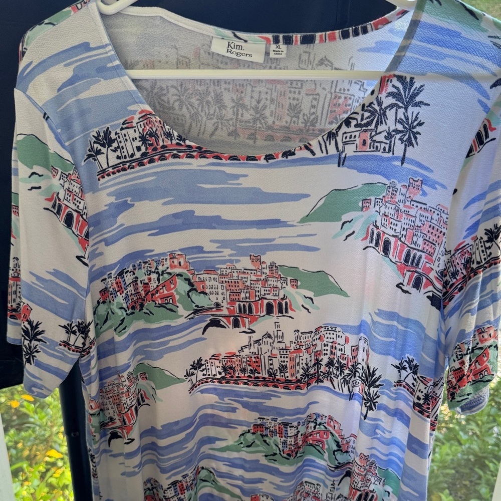 Kim Rogers Coastal Print Short Sleeve Top - Blue, Green, Red